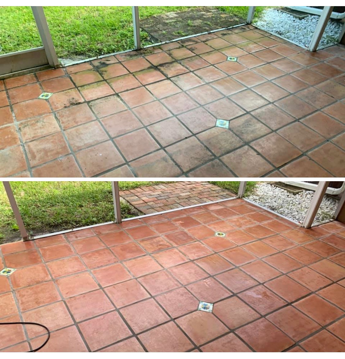before and after clean and seal of mexican tile